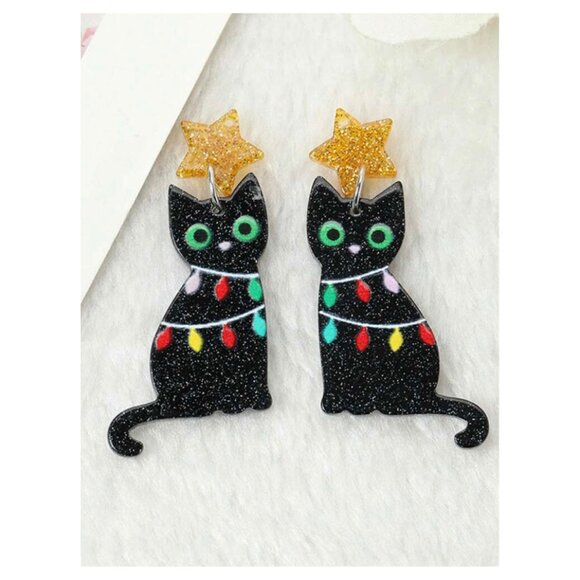 Black Cat Christmas Acrylic Earrings - Picture 1 of 3